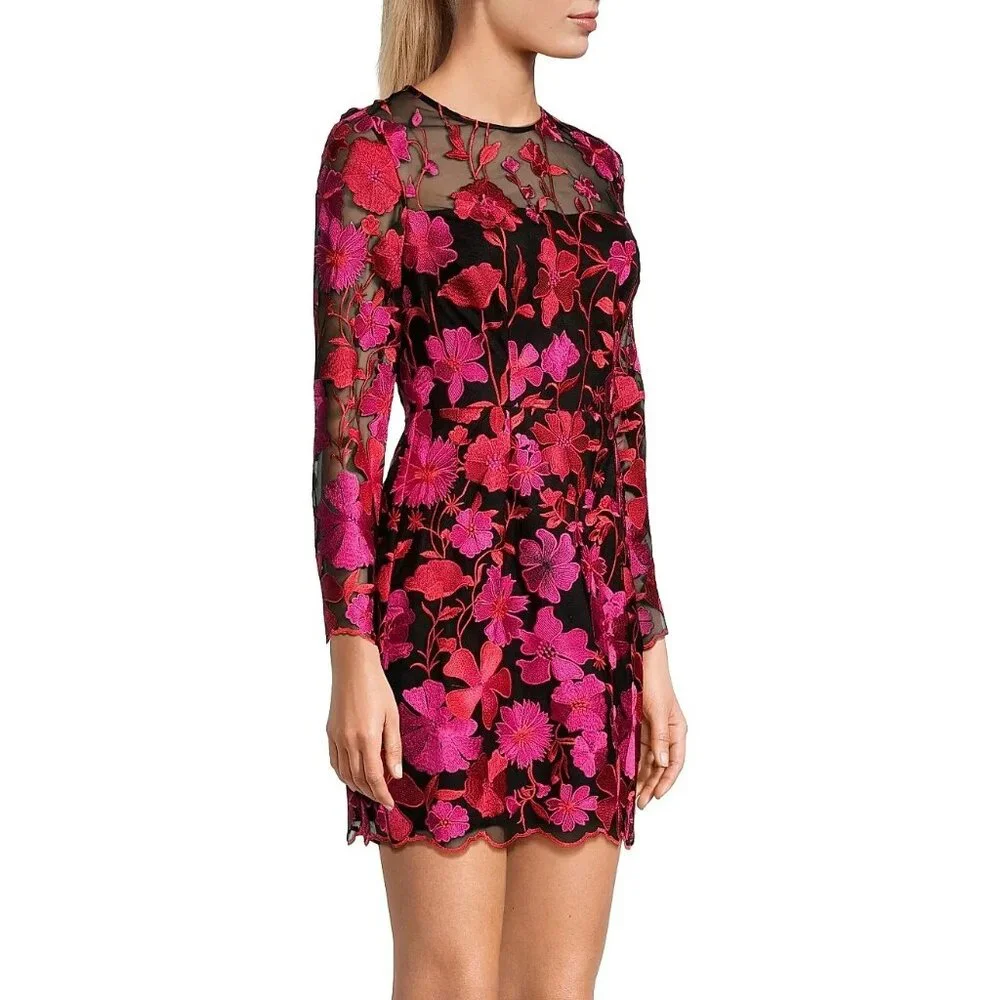 NWT Milly Scottie Floral Mesh Embroidered Mini Dress Pink Multi Color Size 12 - Picture 2 of 5